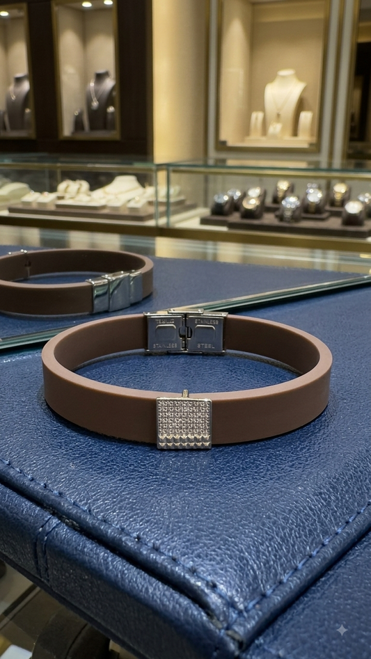 Brown Silicone Belt Diamond-Emblem Bracelet