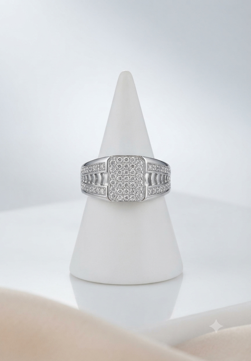 Men’s Rectangular Signet Ring with Baguette & Round Cut Accents in 925 Silver