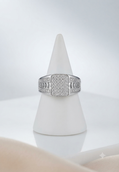 Men’s Rectangular Signet Ring with Baguette & Round Cut Accents in 925 Silver