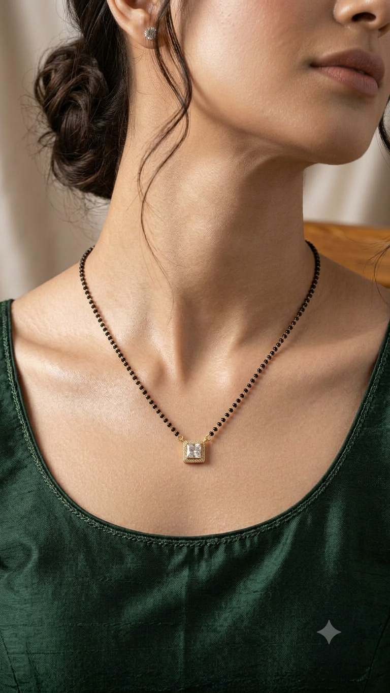 Silver Princess-Cut Solitaire Halo Mangalsutra