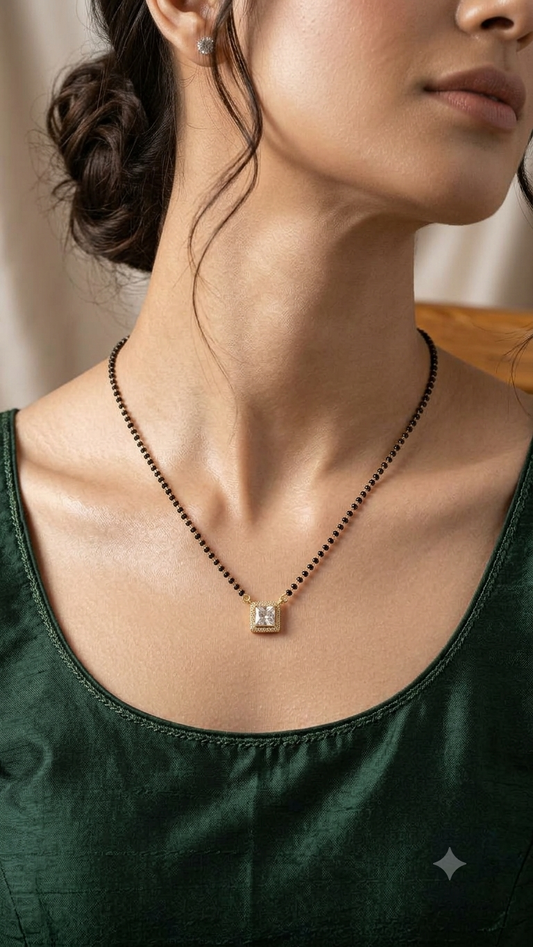 Silver Princess-Cut Solitaire Halo Mangalsutra