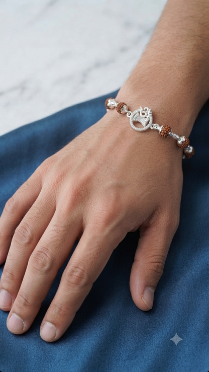Silver Rudraksha Bracelet for Men with Om & Damru Charms | Spiritual Mahadev Wrist Band / Rakhi