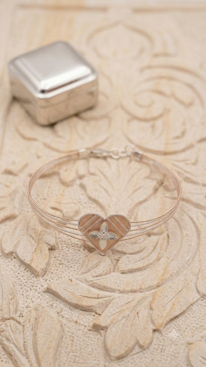 Elegant Two-Tone Rose Gold & Silver Heart Kada Bracelet for Women & Girls | Modern Floral Charm Multi-Strand Bengle