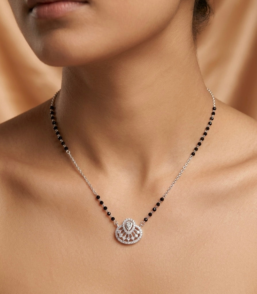 Italian Silver 925 Hallmarked Mangalsutra for Women |CZ Pendant | Black Beads Chain | Daily Wear & Gift for Wife