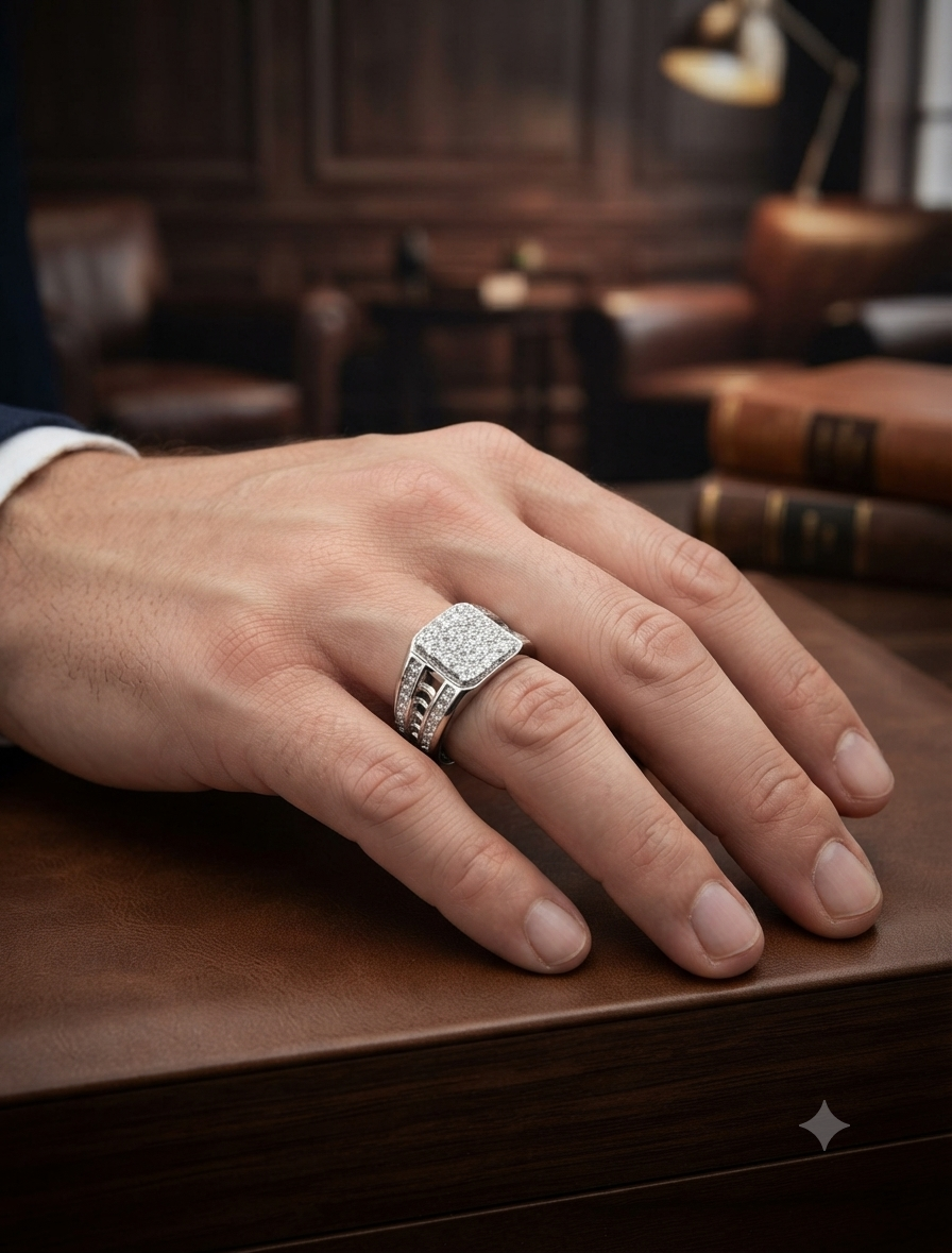 Men’s Rectangular Signet Ring with Baguette & Round Cut Accents in 925 Silver