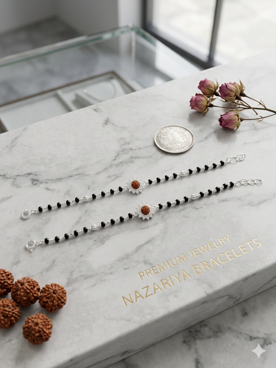 Silver nazariya with Black beads with flower and Rudraksha in center piece