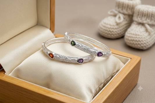 Baby Silver Kada / Multi-Color Stone Floral Engraved Kids Bangle Set (Size 1.75)( 2 to 4 year )