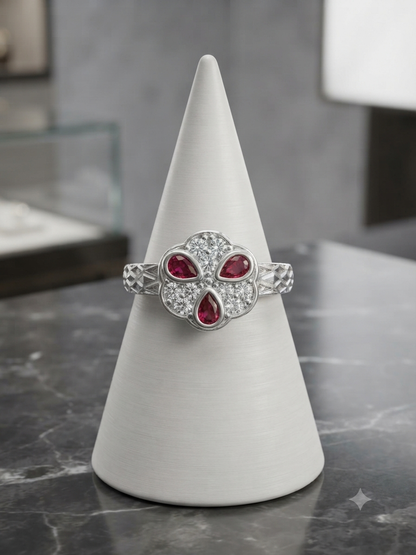 Ruby Pink Floral Cubic Zirconia Silver Toe Rings (Bichhiya)