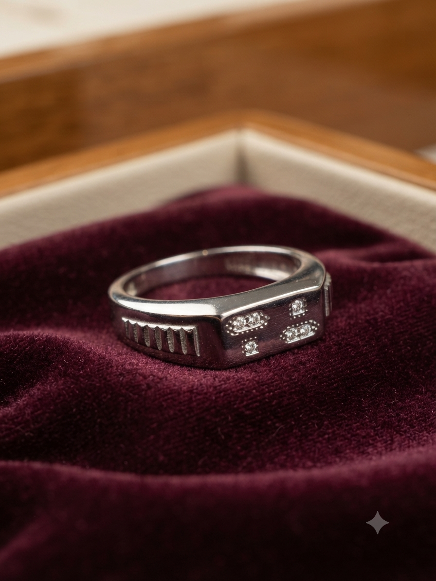 925 Sterling Silver Men’s Bar Signet Ring – Modern Flush-Set Cubic Zirconia Cluster Ring with Fluted Grooves