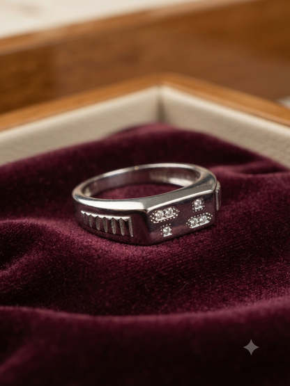 925 Sterling Silver Men’s Bar Signet Ring – Modern Flush-Set Cubic Zirconia Cluster Ring with Fluted Grooves
