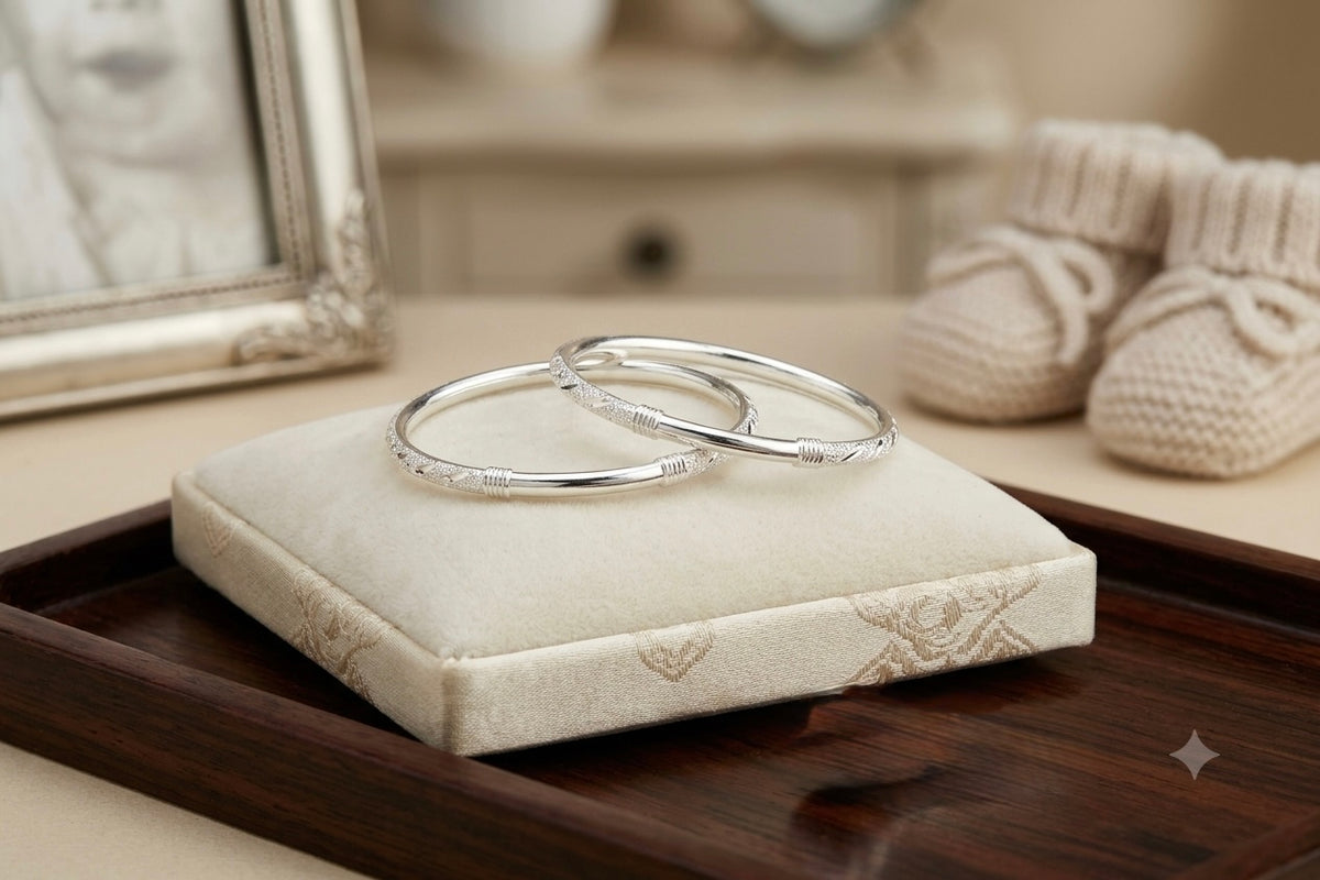 Born Baby Silver Kada / Textured Dual-Tone Pattern Kids Bangle Pair (Size 1.5)