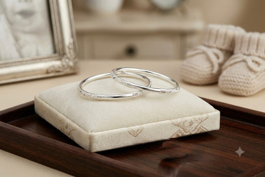 Born Baby Silver Kada / Textured Dual-Tone Pattern Kids Bangle Pair (Size 1.5)