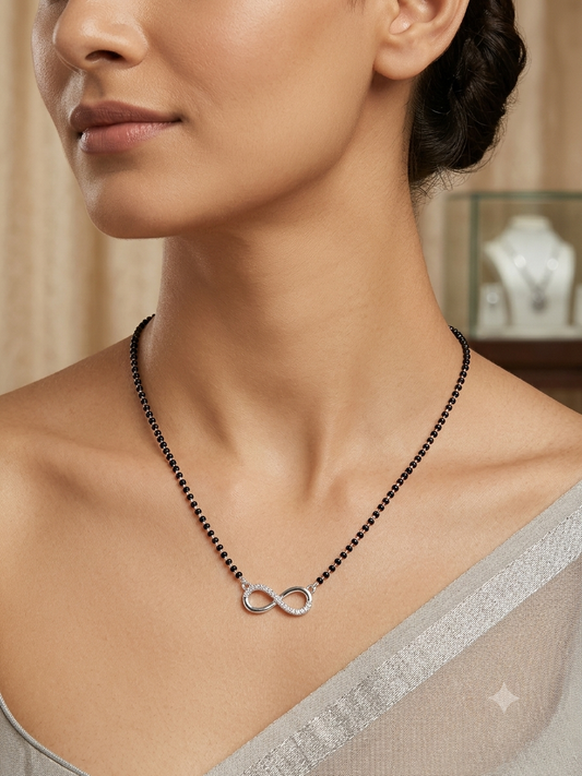 Italian Silver 925 Hallmarked Mangalsutra for Women | Infinity Design CZ Pendant | Black Beads Chain | Daily Wear & Gift for Wife