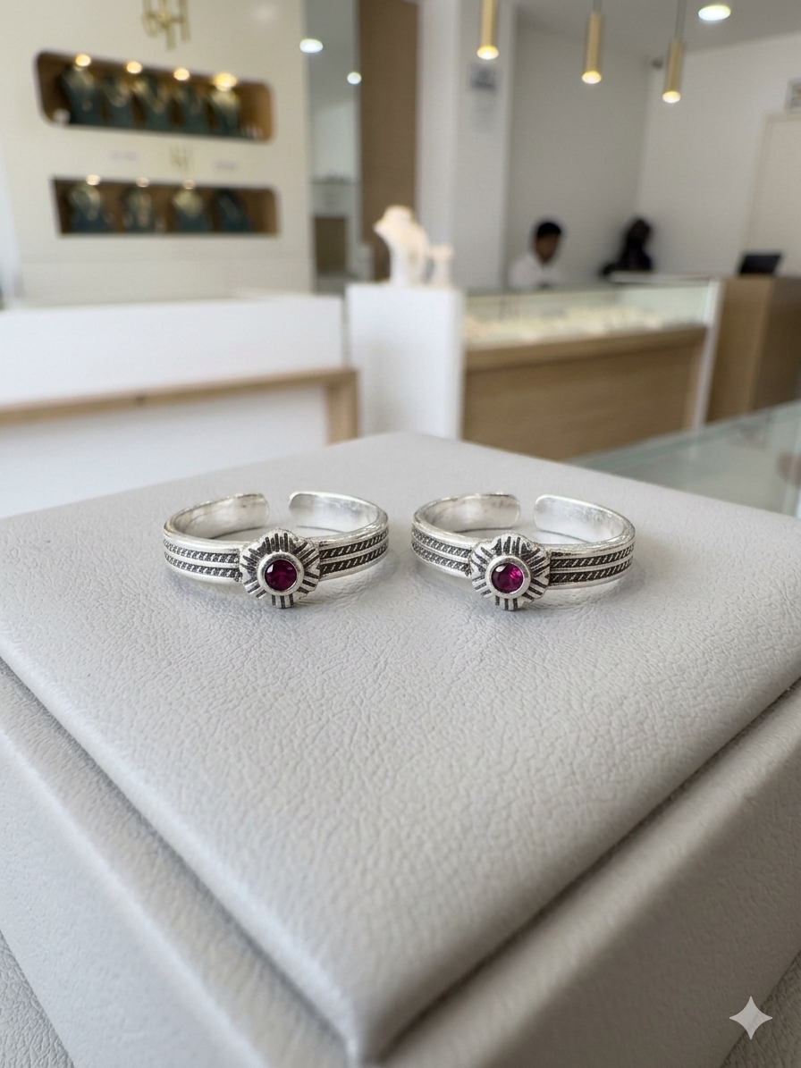 Red Enamel Pattern Silver Mosaic Toe Rings