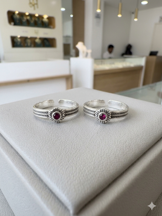 Red Enamel Pattern Silver Mosaic Toe Rings