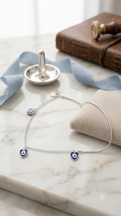 Sterling Silver Evil Eye Heart Charm Anklet (pair)
