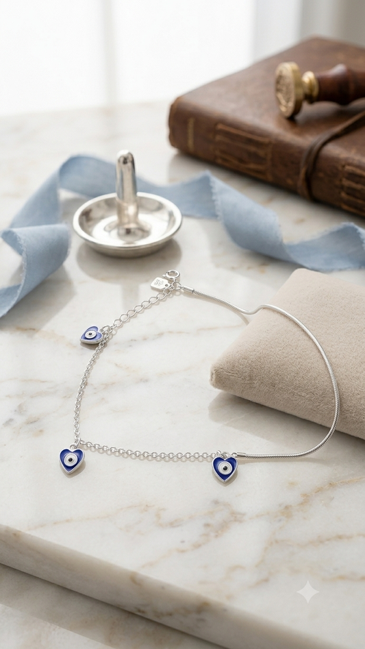 Sterling Silver Evil Eye Heart Charm Anklet (pair)