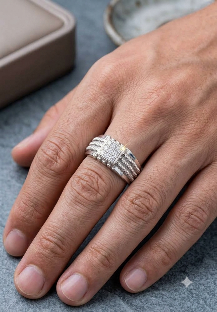 925 Sterling Silver Textured Rope Band Signet Ring for Men – Micro-Cubic Zirconia Square Cluster Ring
