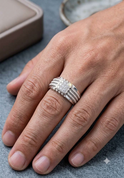 925 Sterling Silver Textured Rope Band Signet Ring for Men – Micro-Cubic Zirconia Square Cluster Ring