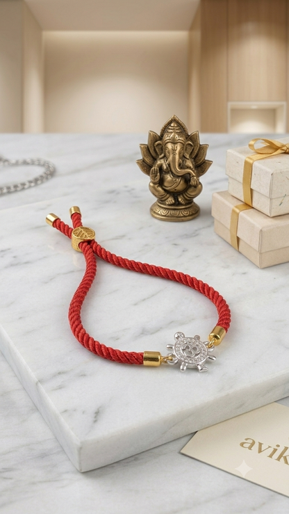 Silver Aum in Turtle Red Cord Rakhi Adjustable (Set of 2)