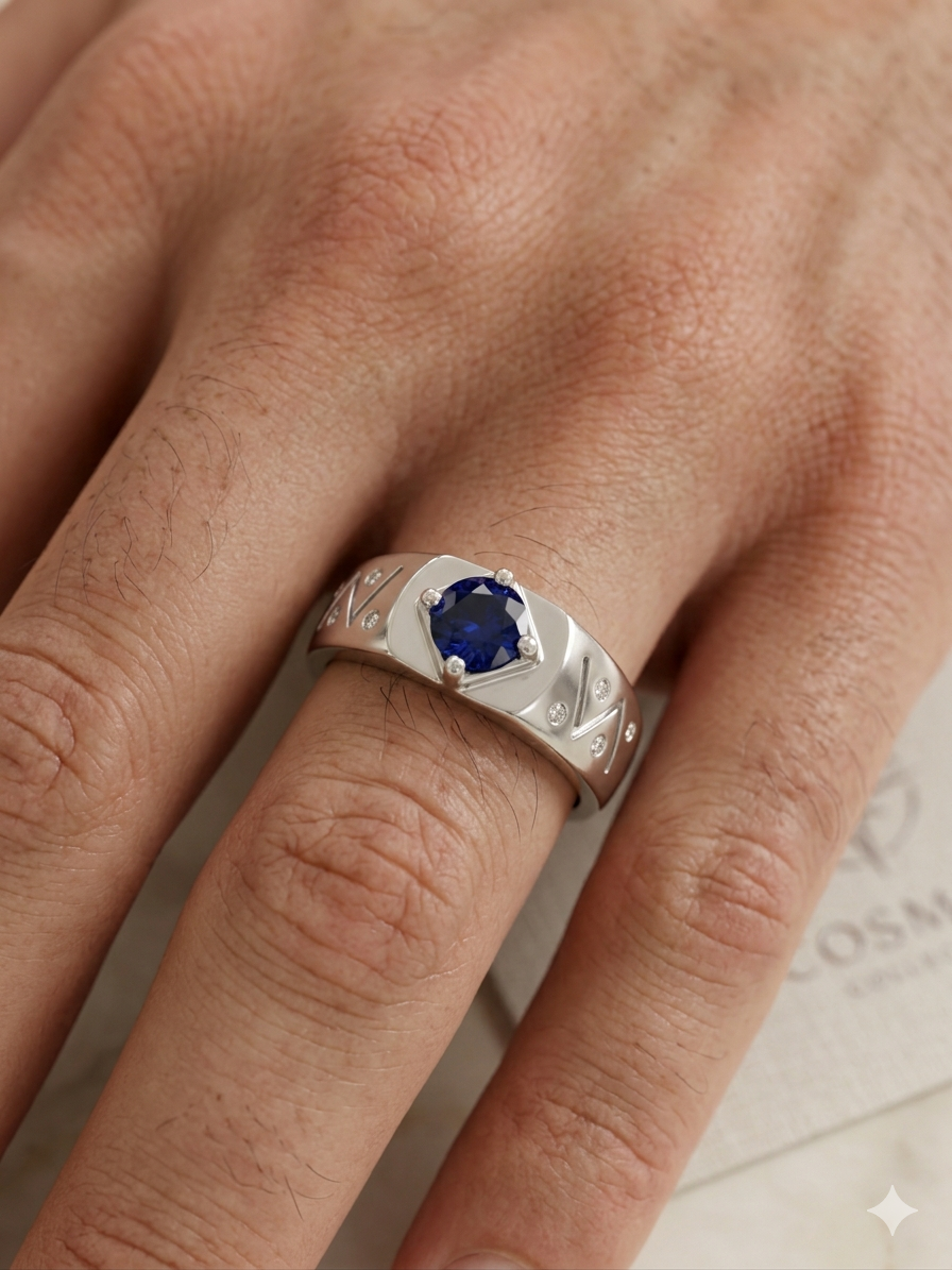 Men’s Cosmos Blue Sapphire Ring – 925 Silver Band with Textured Engravings