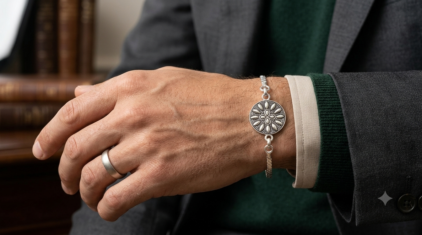 Handcrafted Silver Floral Mandala Bracelet / Rakhi with Turquoise Accents