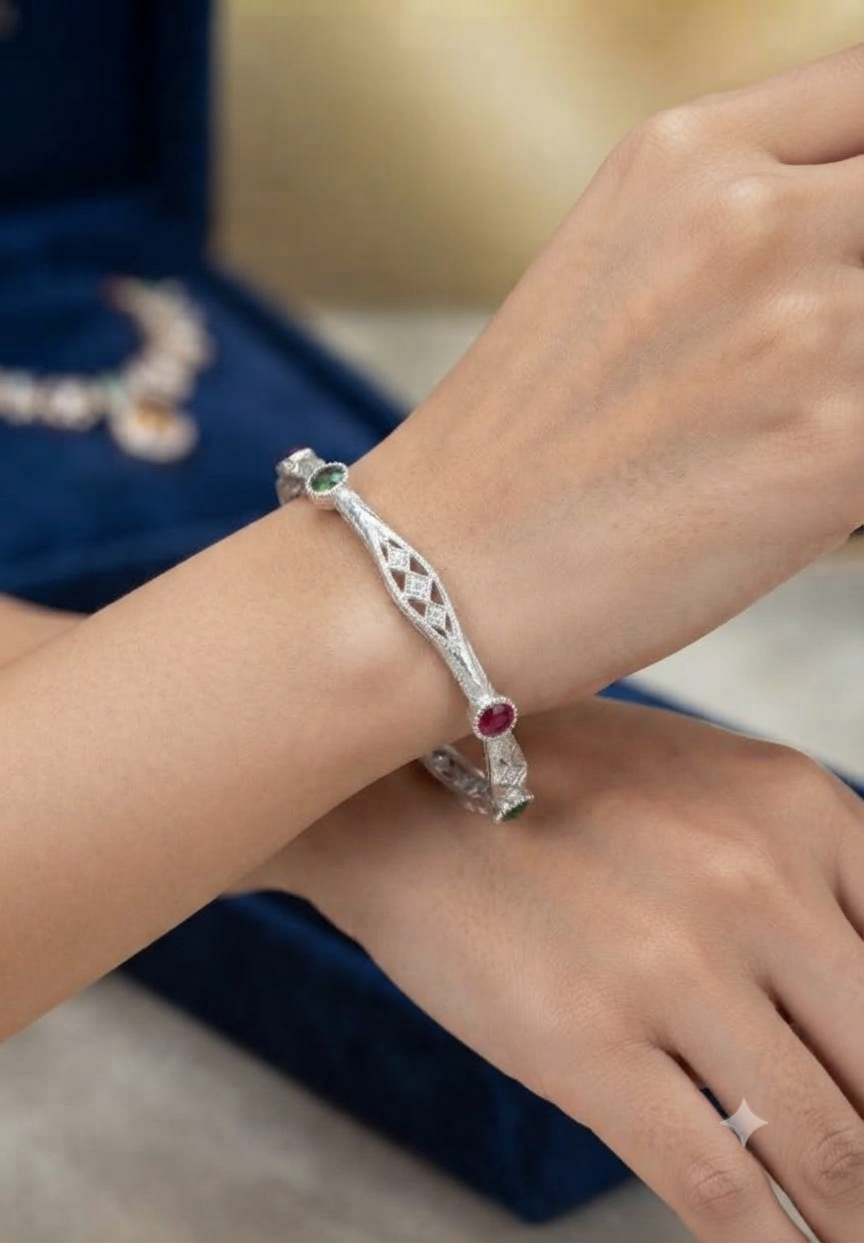 Vintage Silver Filigree Ruby & Emerald Stone Bangle