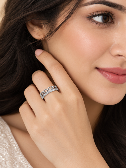 Sterling Silver Openwork Oval Lace & Band Ring – Dual-Row Crown Stacking Statement Band