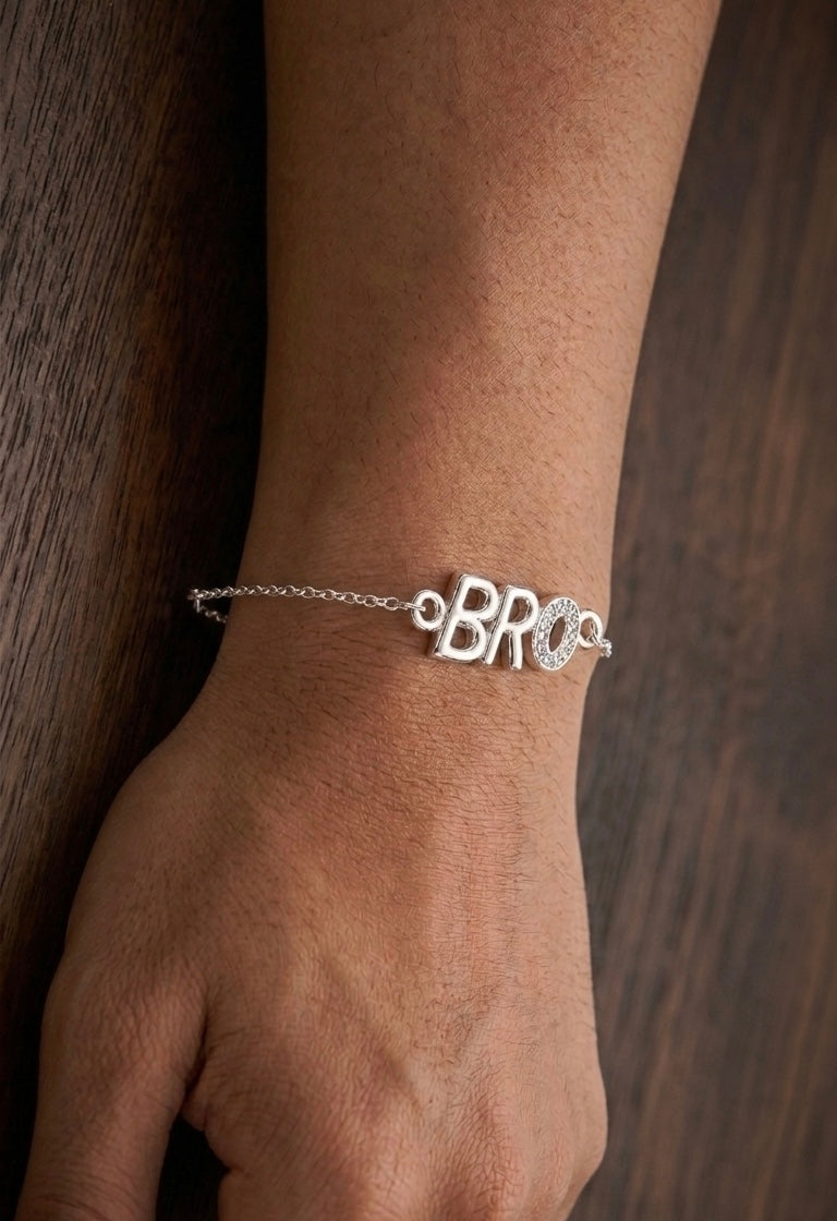 925 Silver "BRO" Alphabet Charm Bracelet / Rakhi with Stone Detailing