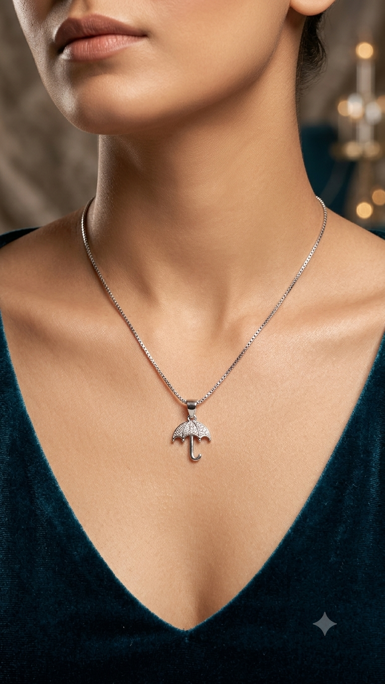 925 Silver Umbrella Pendant Necklace – Sparkling Zirconia Parasol Charm Jewelry for Women