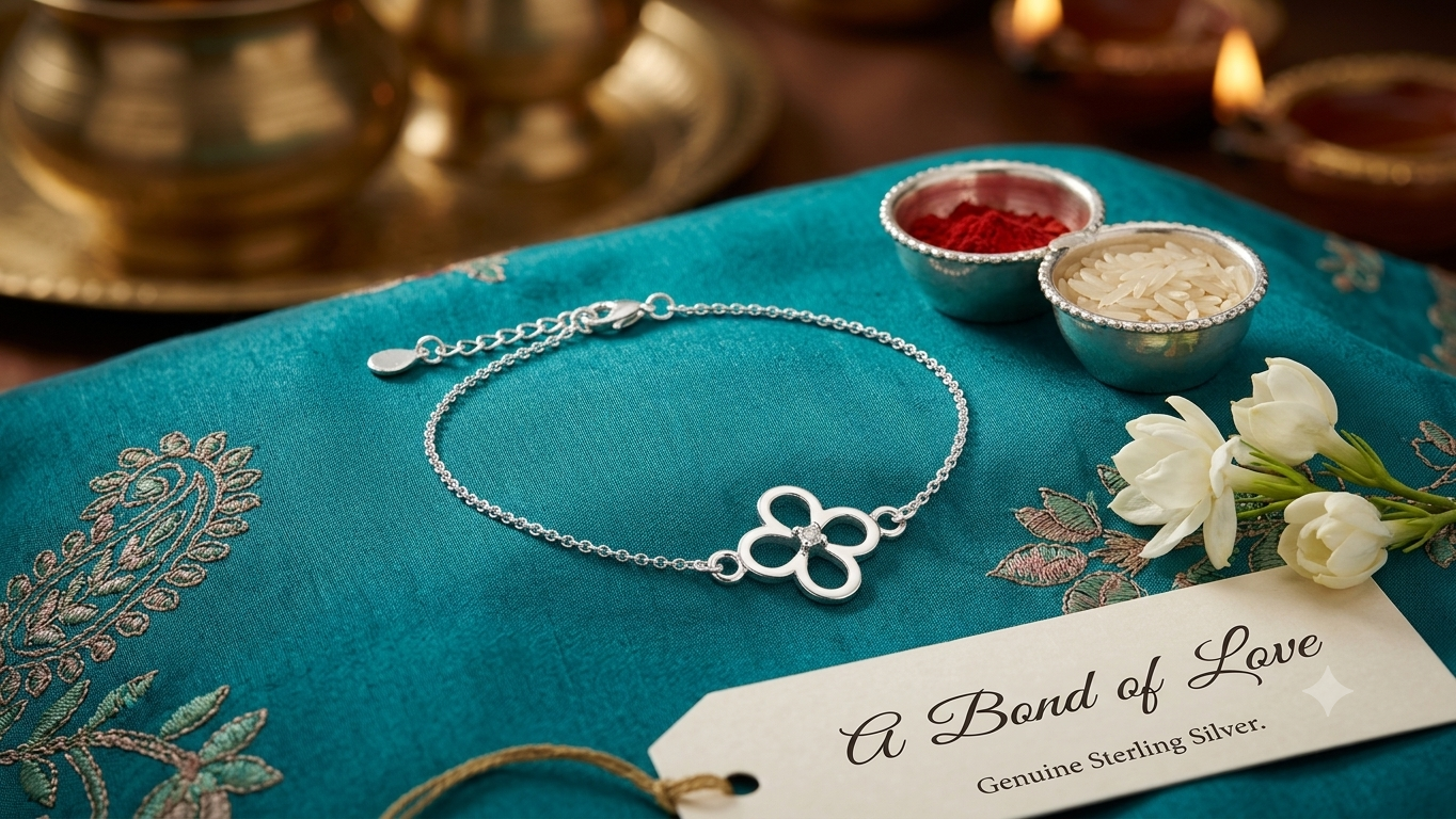 Pure 925 Silver Floral Lumba Rakhi Bracelet for Bhabhi