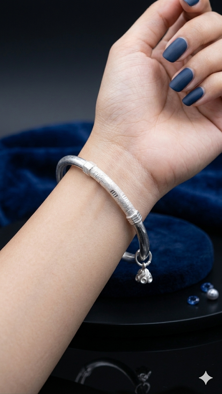 Silver Bangle with Textured Accents and Hanging Charm (one peice)