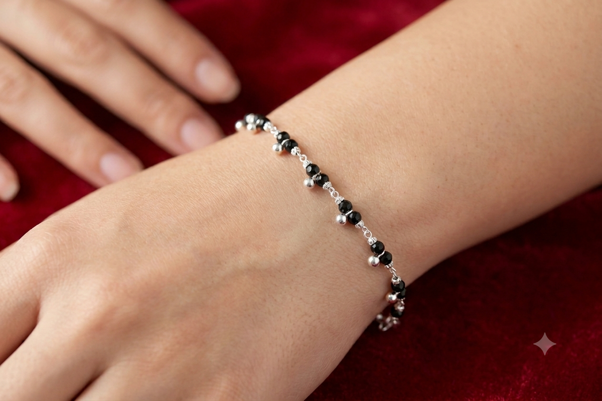 Black Bead Silver Hand Chain Bracelet with Hanging Charm