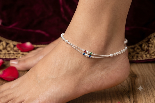 Elegant Silver Payal with multicolour and Black Beads