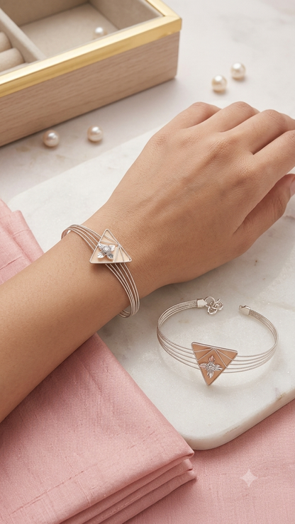 Geometric Elegance: Two-Tone Triangular Silver Kada Bracelet for Women & Girls | Modern Minimalist Multi-Wire Bangle