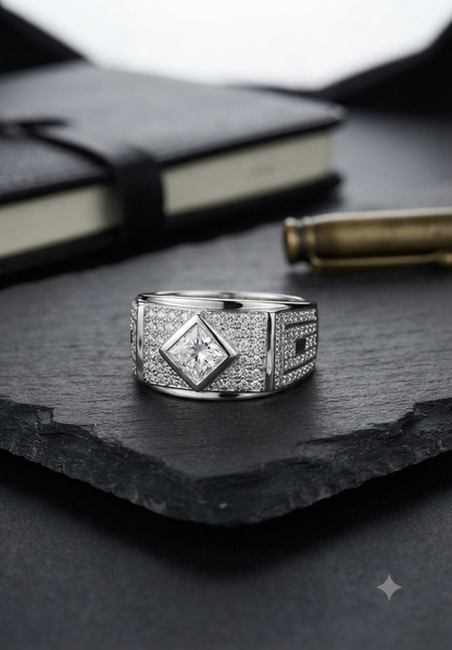 Men’s Kite-Set Princess Cut Diamond Signet Ring with Greek Key Motif in 925 Silver