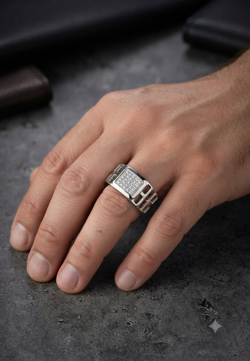 Men’s Square Diamond Signet Ring with Cut-Out Grid Shoulders in 925 Silver