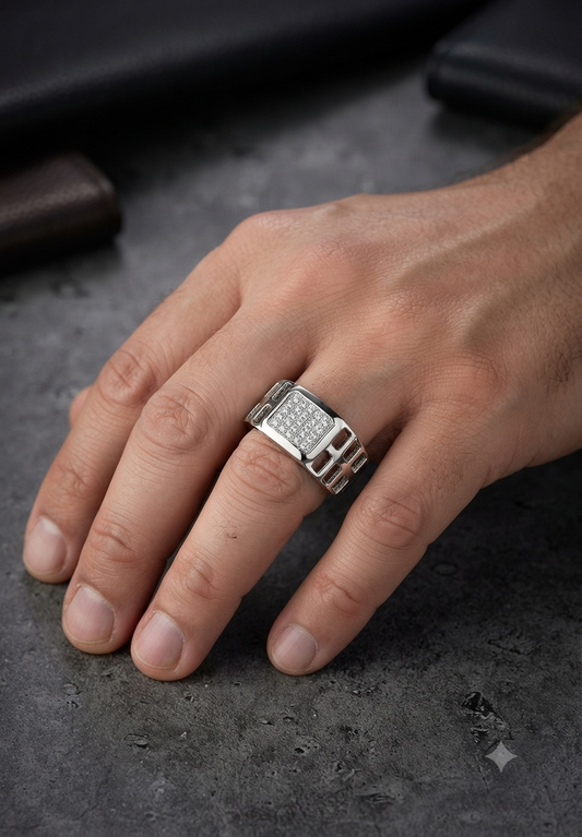 Men’s Square Diamond Signet Ring with Cut-Out Grid Shoulders in 925 Silver