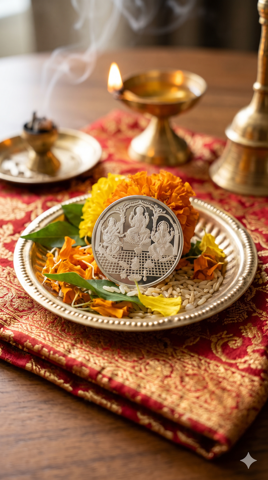 Pure Silver Lakshmi Saraswati Ganesha Coin (10 Grams) | Auspicious Pooja & Gifting Silver Sikka