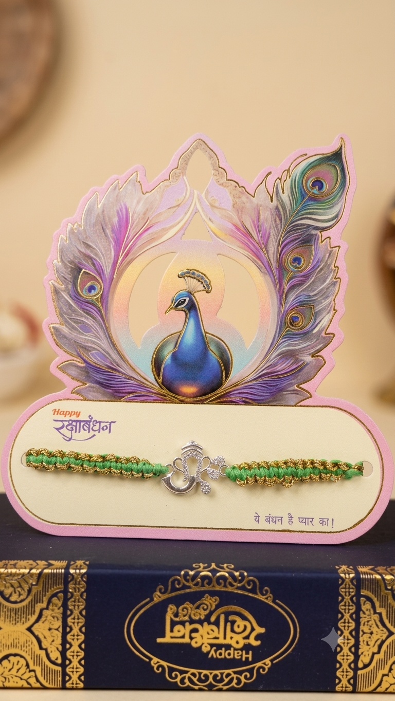 Silver Aum With Ganeshji Rakhi with Card