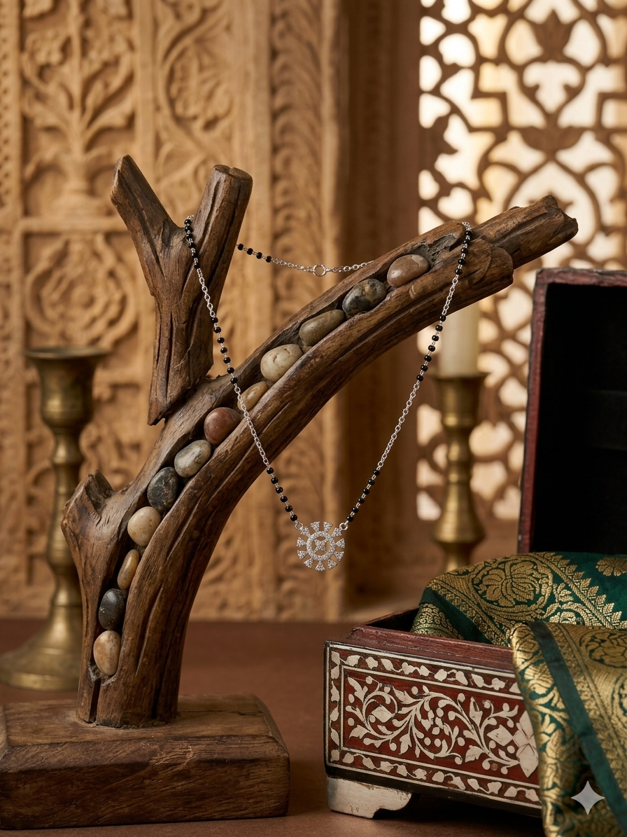 Italian Silver 925 Hallmarked Mangalsutra for Women |CZ Pendant | Black Beads Chain | Daily Wear & Gift for Wife