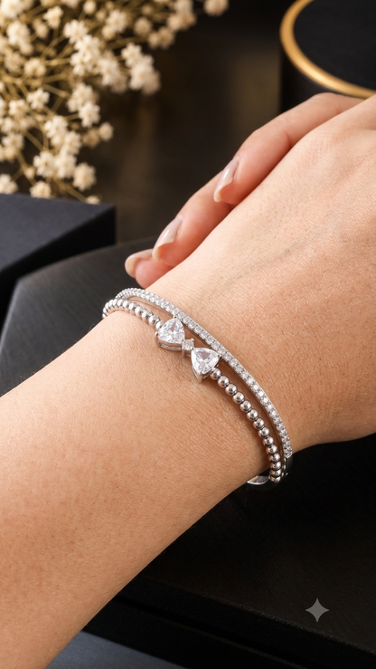 Dual-Strand Beaded Bow & Heart Zircon Bracelet