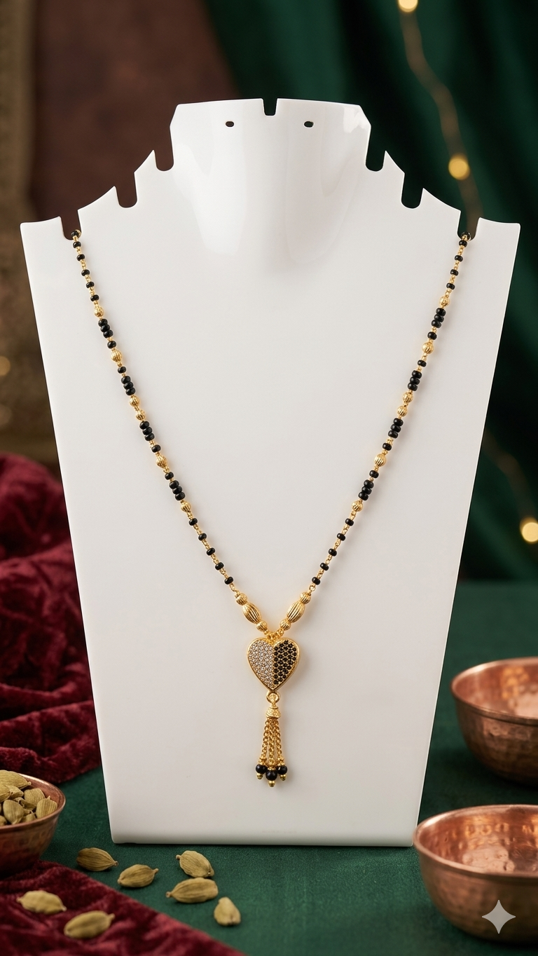 Gold plated silver mangalsutra black and white heart shap pendant
