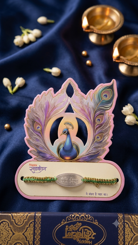 Silver "मेरे भैया" Rakhi with Card Packaging