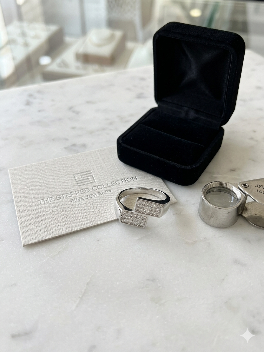 The Stepped Collection: Men’s Architectural Silver Bar Ring with Micro-Pavé Diamonds