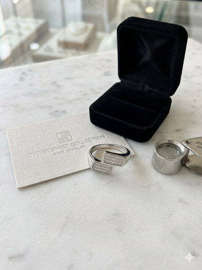The Stepped Collection: Men’s Architectural Silver Bar Ring with Micro-Pavé Diamonds