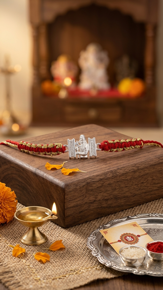 Silver Lord Shiva Charm Red & Gold Braided Thread Rakhi