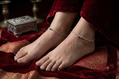 925 Sterling Silver Simple Box Chain Anklet with black Bead Accents for Women & Girls – Lightweight Daily Wear Payal pair