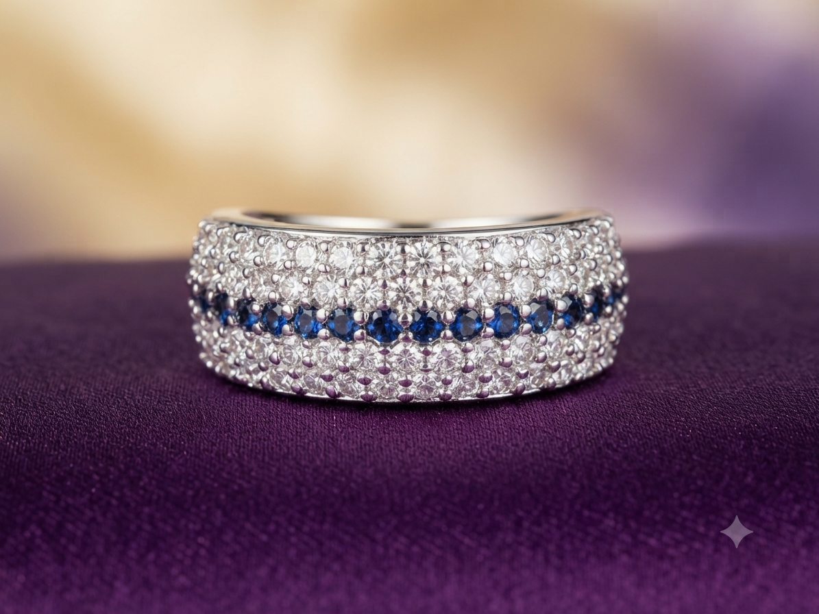 Sterling Silver Blue Sapphire & White CZ Cigar Band Ring