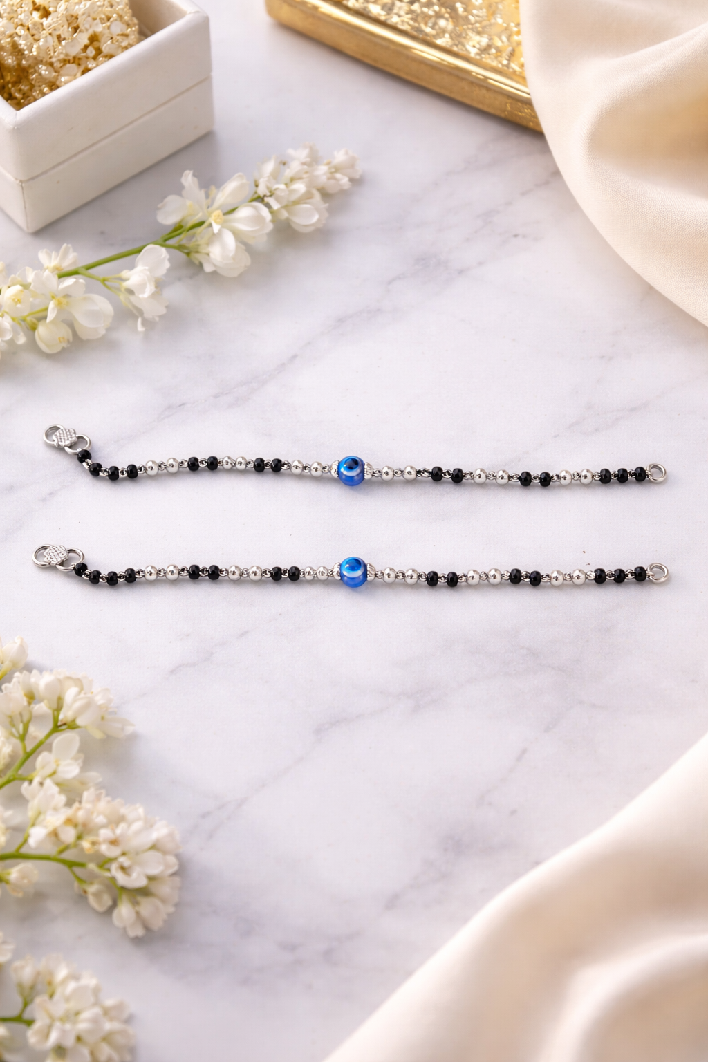 Silver nazariya with Black beads and evil eye center piece